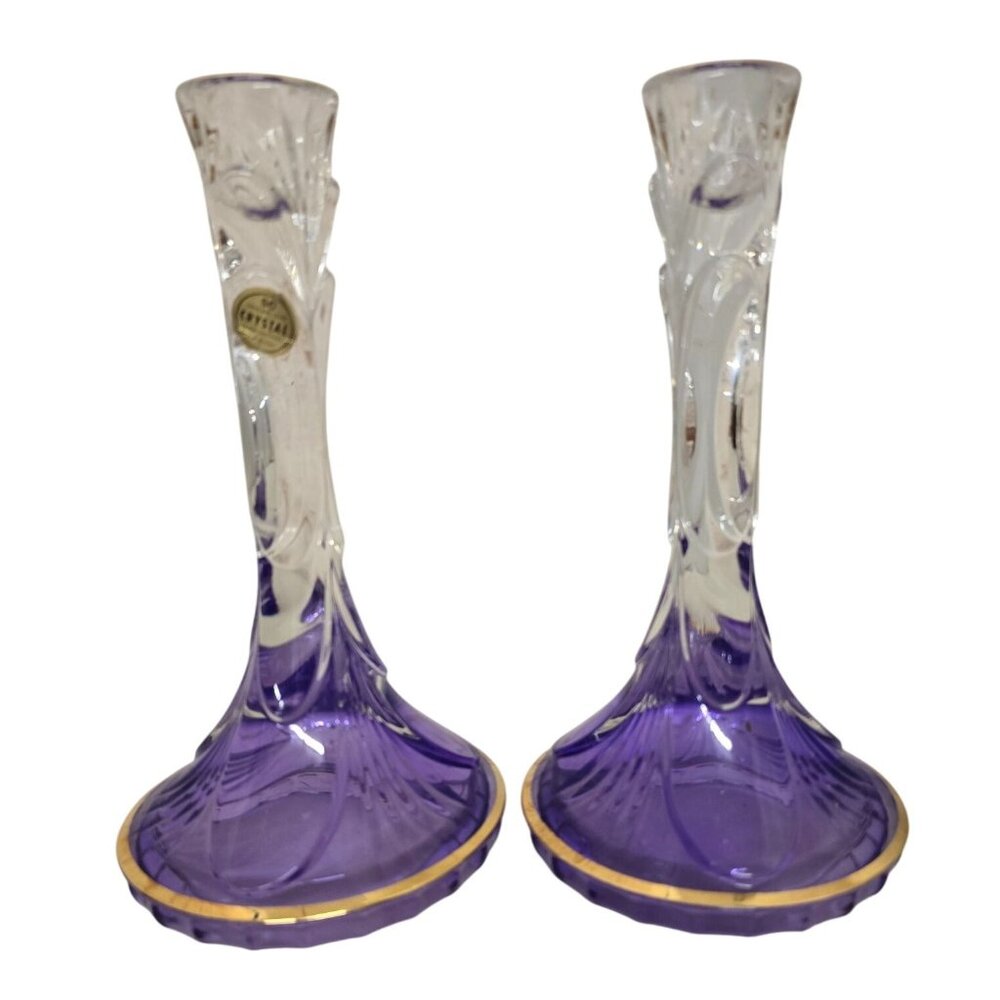 Pair of SC Italy Genuine Lead Crystal Purple & Clear 8.5" Taper Candle Holders